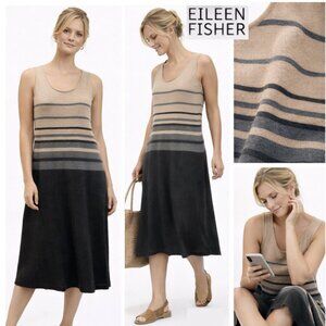 Eileen Fisher Organic Cotton Knit Tank Dress Tan Striped Midi Small